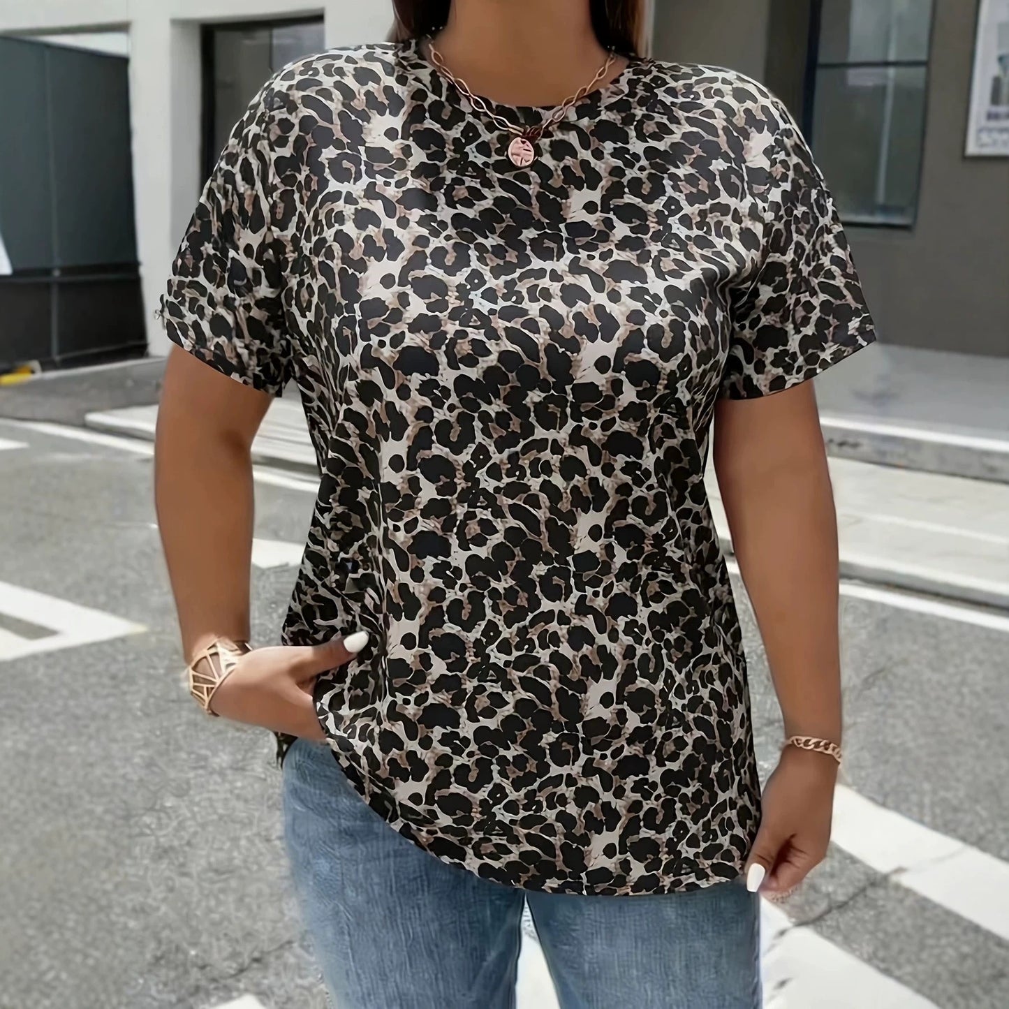 Women's Printed Split Sleeve Round Neck Pullover Large Size T-shirt