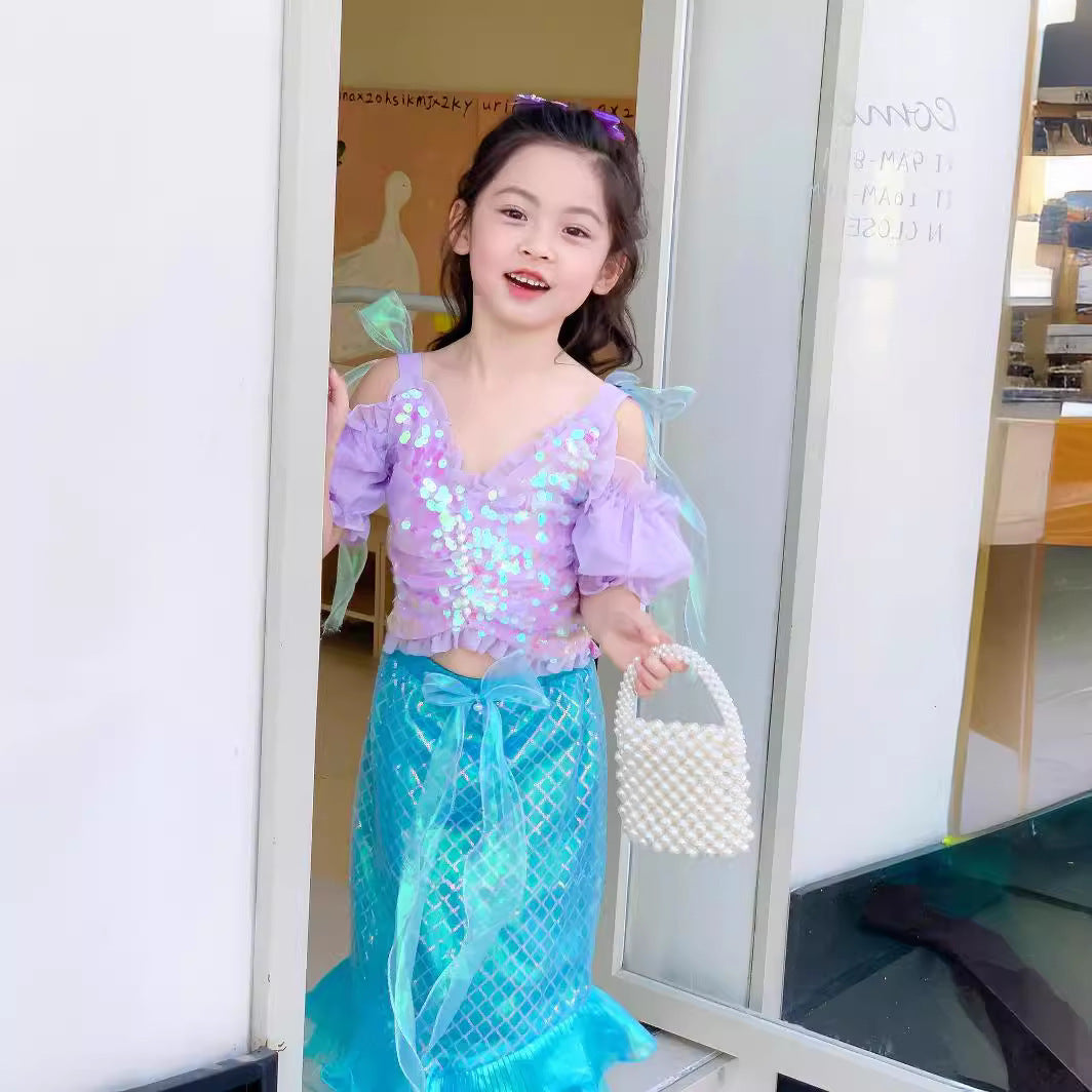 Suspenders Princess Puff Sleeve Beach Fishtail Children's Dress