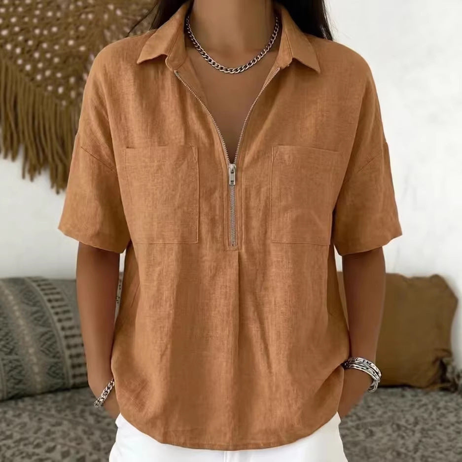 Loose Lapels Solid Color Sleeve Casual Shirt Zipper Patch Blouse