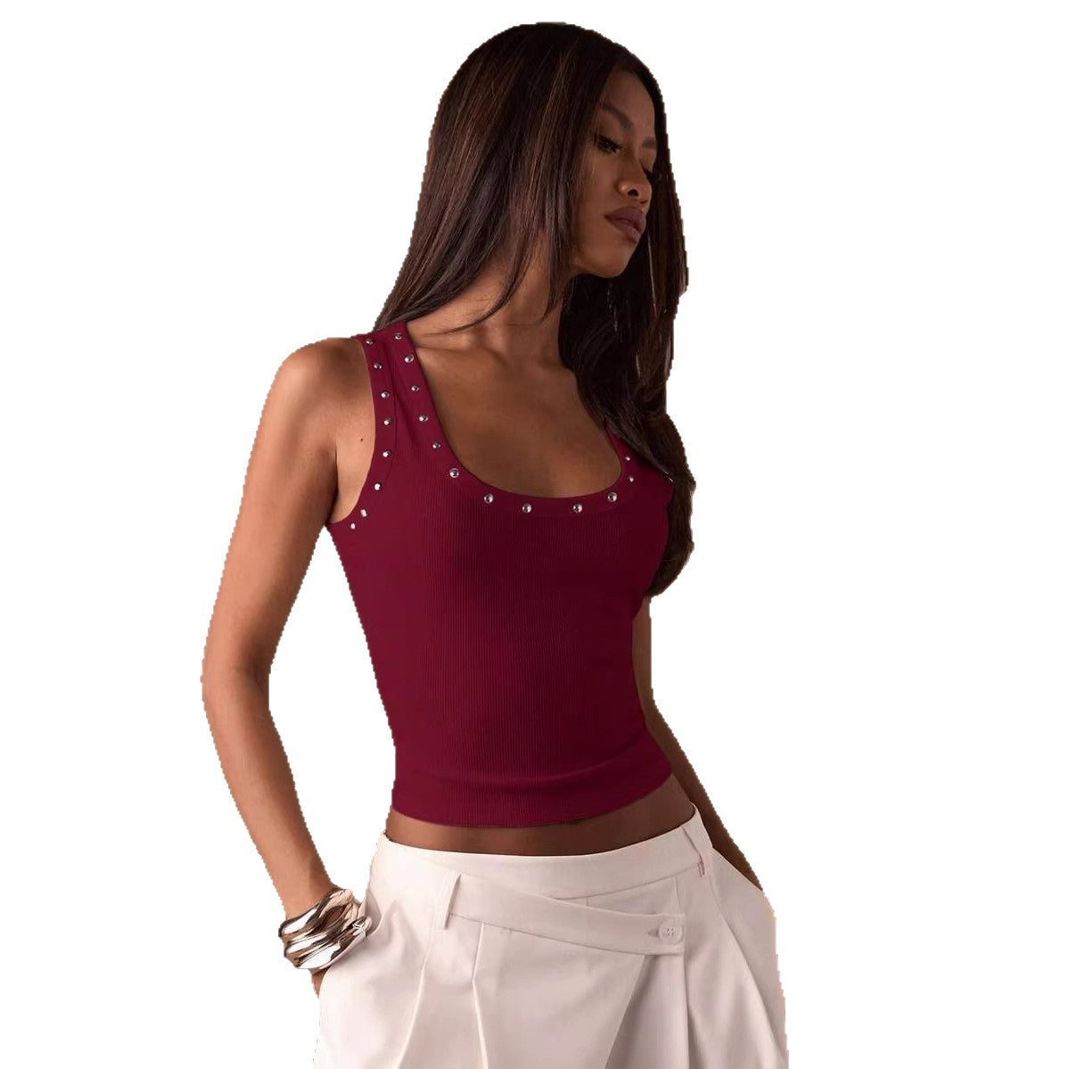 Women's Hot Personalized Punching Rhinestone Slimming Sleeveless Outerwear Tops