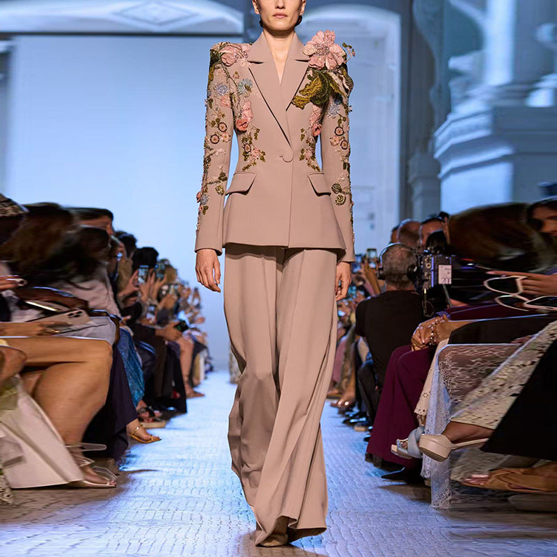 Versatile Bead Three-dimensional Flower Two-piece Set Fashion Casual Suit