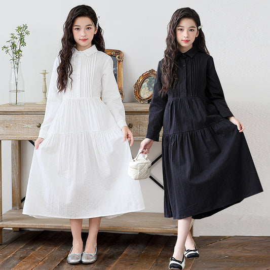 Children's Fashionable Stylish Korean Pleated Blouse Collar Long Children's Dress