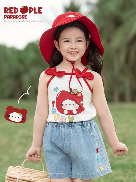 Summer Cat Printing Affixed Cloth Embroidered Standard Children's T-shirt