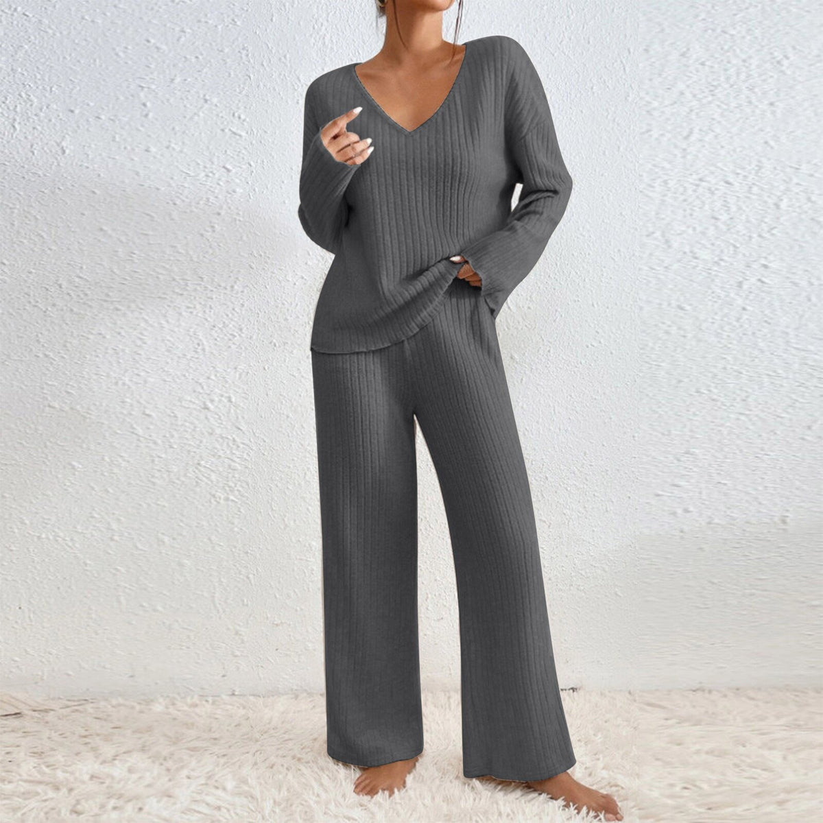 Women's Collar Loose Sunken Stripe Brushed Long Fashion Casual Suit