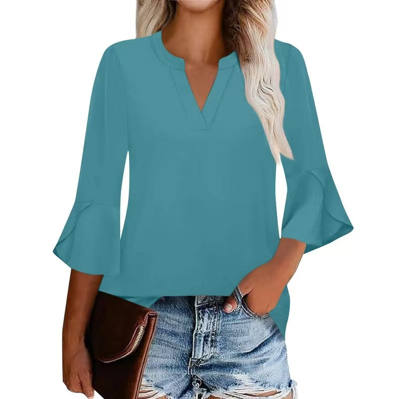 Women's Shirt Petal Sleeve Fashion Printed Loose Blouse