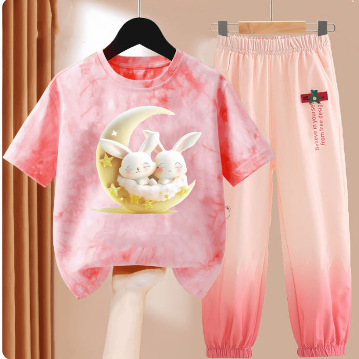 Clothes T-shirt Medium Large Short Sleeved Ice Silk Trousers Two-piece Children's Suit