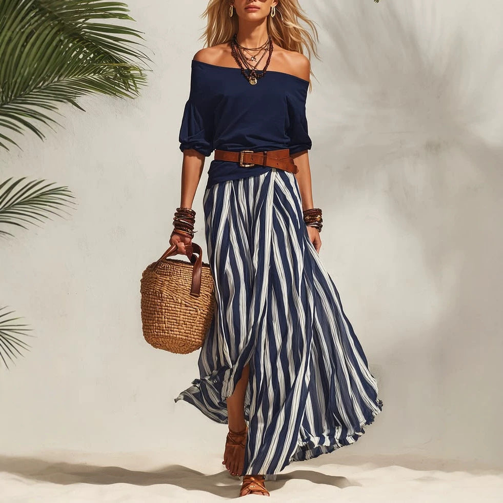 Women's Puff Sleeve Vertical Stripes Draping Striped Fashion Casual Suit