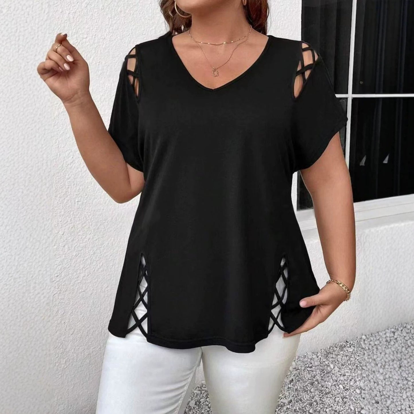 Women's Summer Solid Color Cross Sleeve Slimming Large Size T-shirt