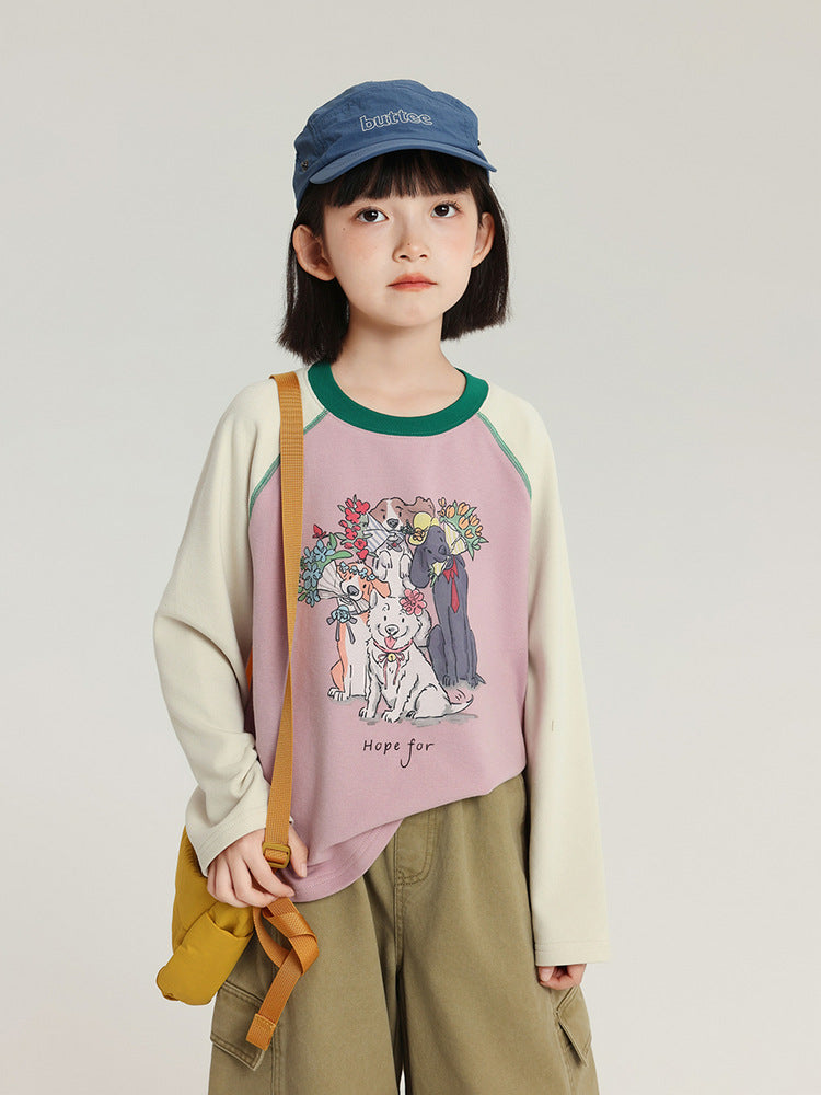 Children's Pudding Long-sleeved Cartoon Printed Raglan Sleeve Children's T-shirt