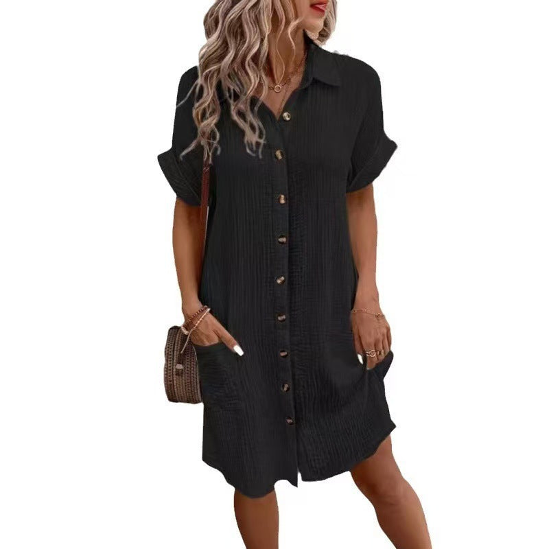 Women's Cotton Linen Breasted Mid-length Sleeve Loose Shirt Shorts