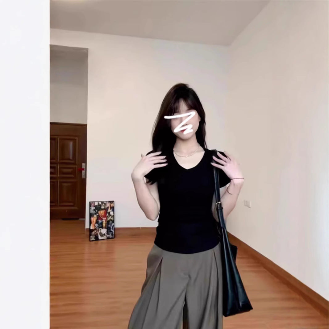 Women's American Retro Shoulder Summer Thin Pure Desire Slim Waist Trimming Women's T-shirt