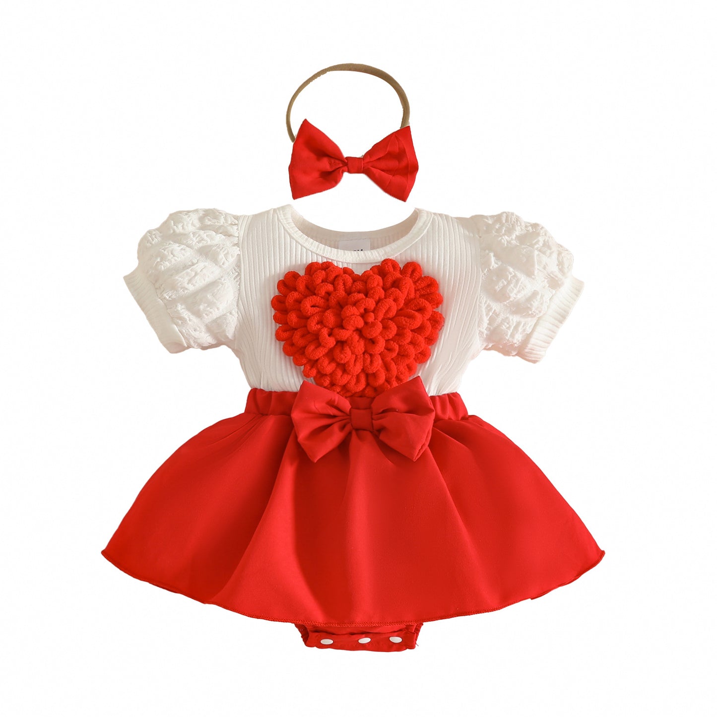 Sweet Three-dimensional Love Puff Sleeve Short-sleeved Summer Bow Jumpsuit With Children's Dress