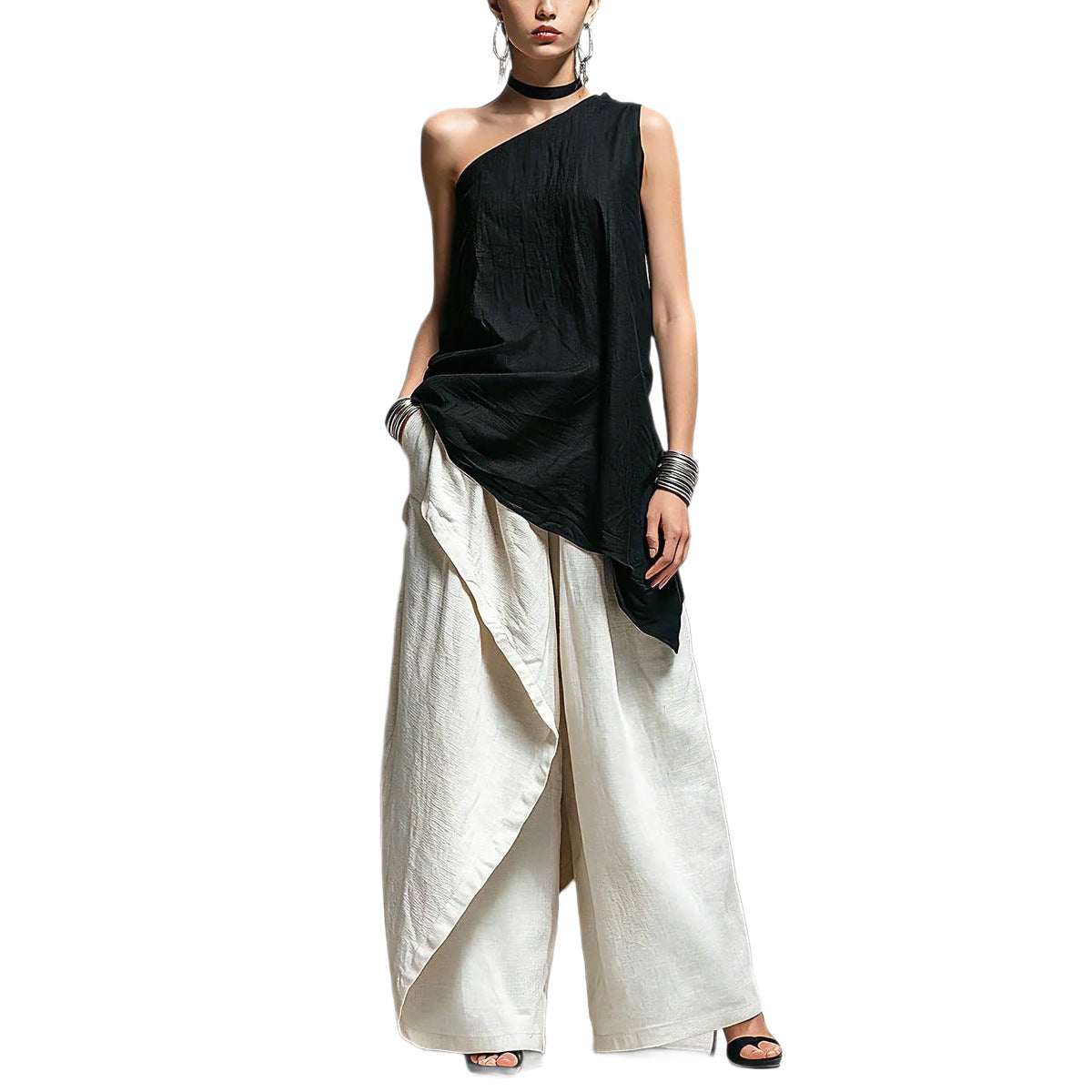 Women's Asymmetric Shoulder Cotton Linen Loose Leisure Tops