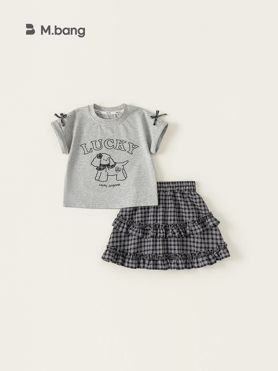 Children's Clothing Bow Cute Short Sleeve Plaid Lace Children's Suit