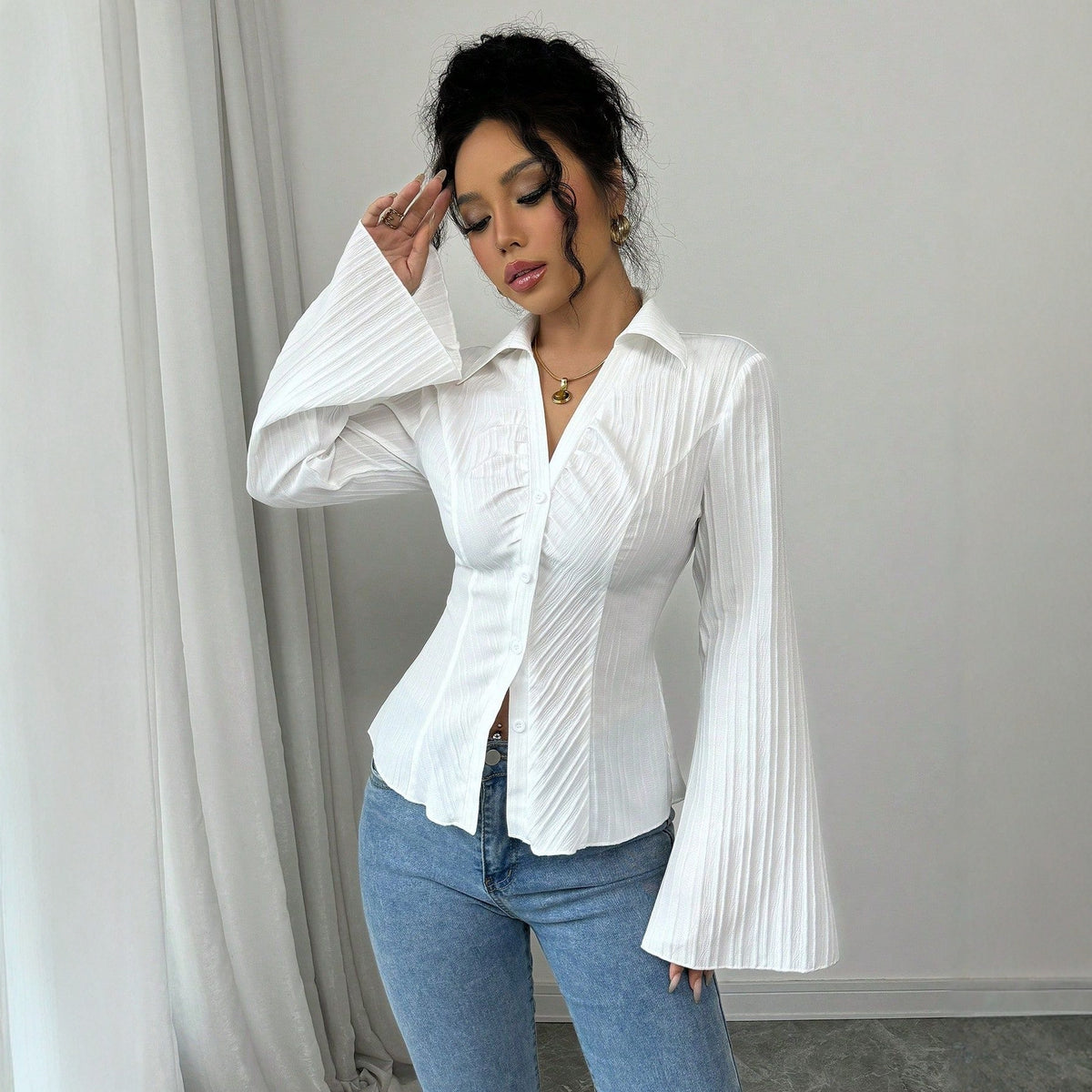 Lapel Waisted Long-sleeved Shirt Button Chic Unique Tops