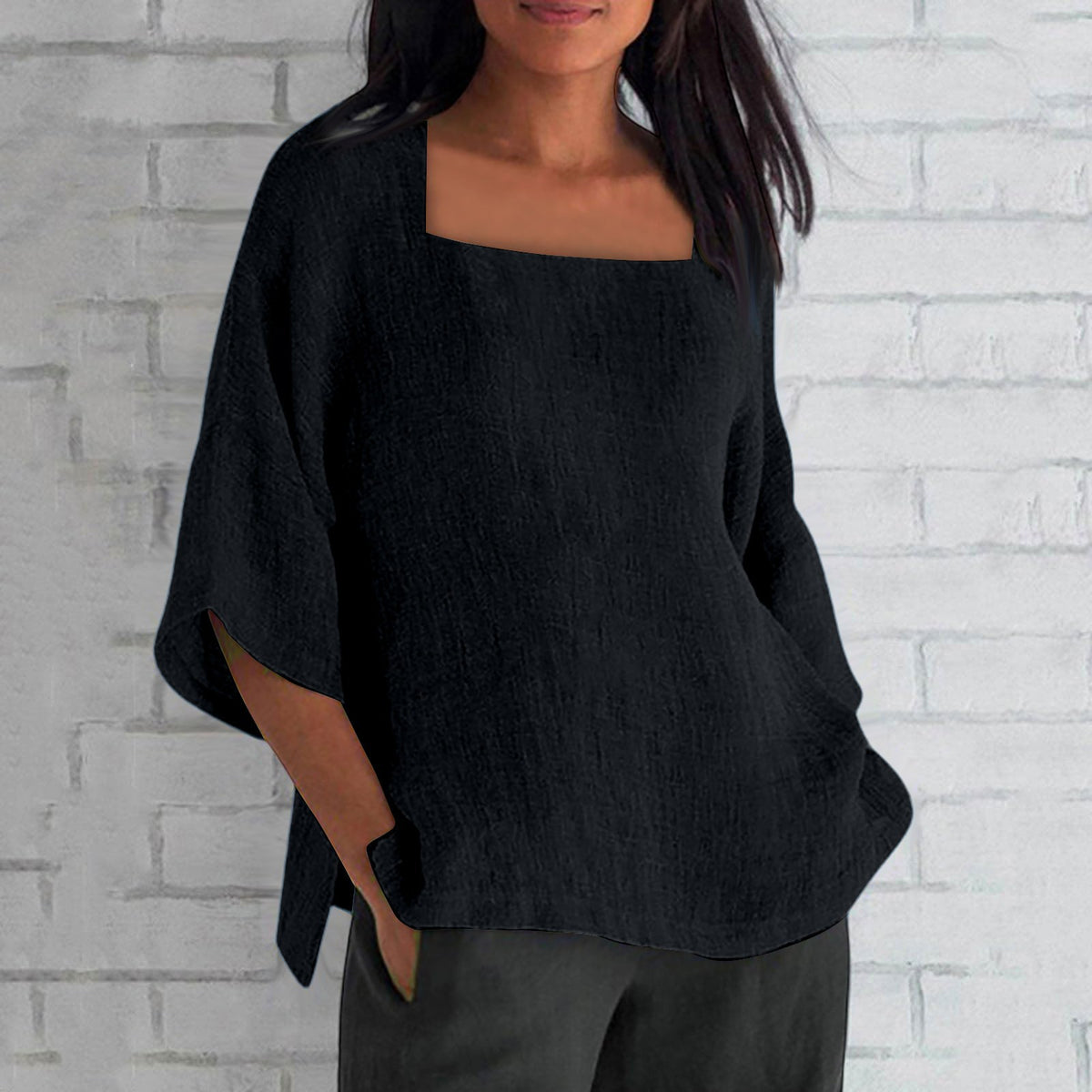 Women's Three-quarter Sleeve Square Collar Cotton Linen Blouse