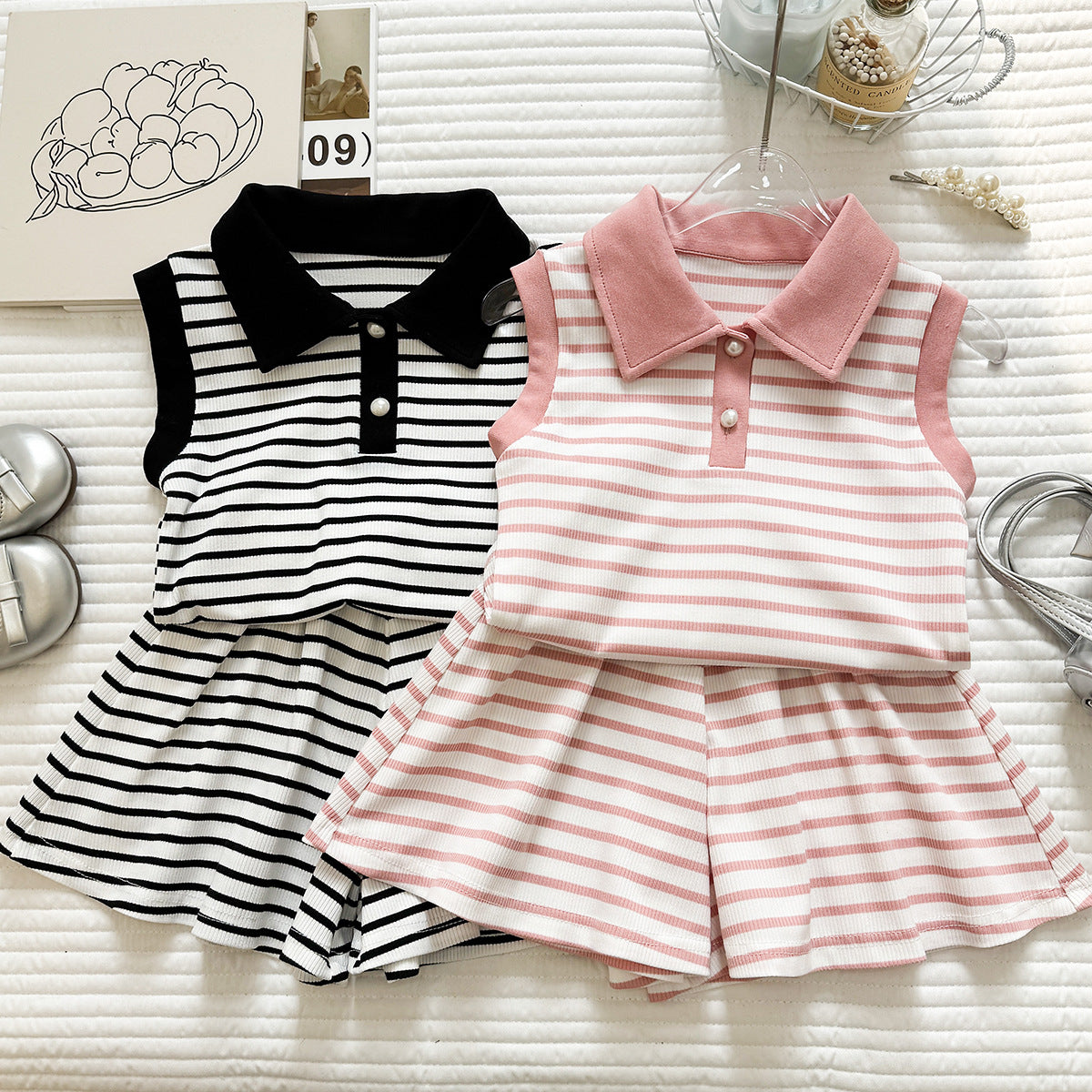 Children's Summer Striped Lapel Vest T-shirt Sleeveless Short Skirt Two-piece Children's Suit