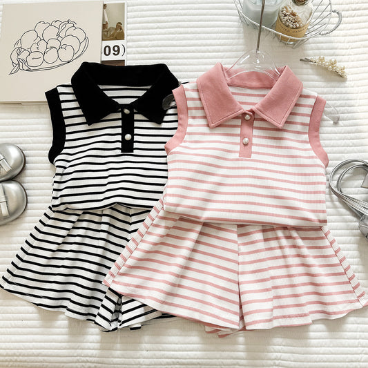 Children's Summer Striped Lapel Vest T-shirt Sleeveless Short Skirt Two-piece Children's Suit