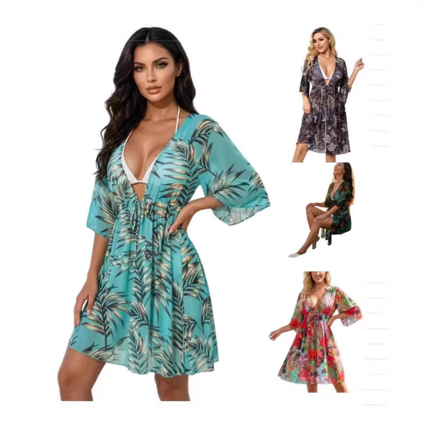 Women's Seaside Vacation Swimsuit Mesh Sexy Printed Blouses