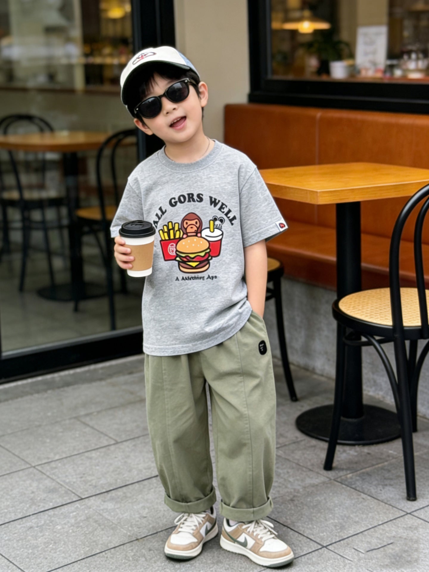 Children's Summer Solid Color Cartoon Printing Sports Casual Fashion Fashionable Children's T-shirt