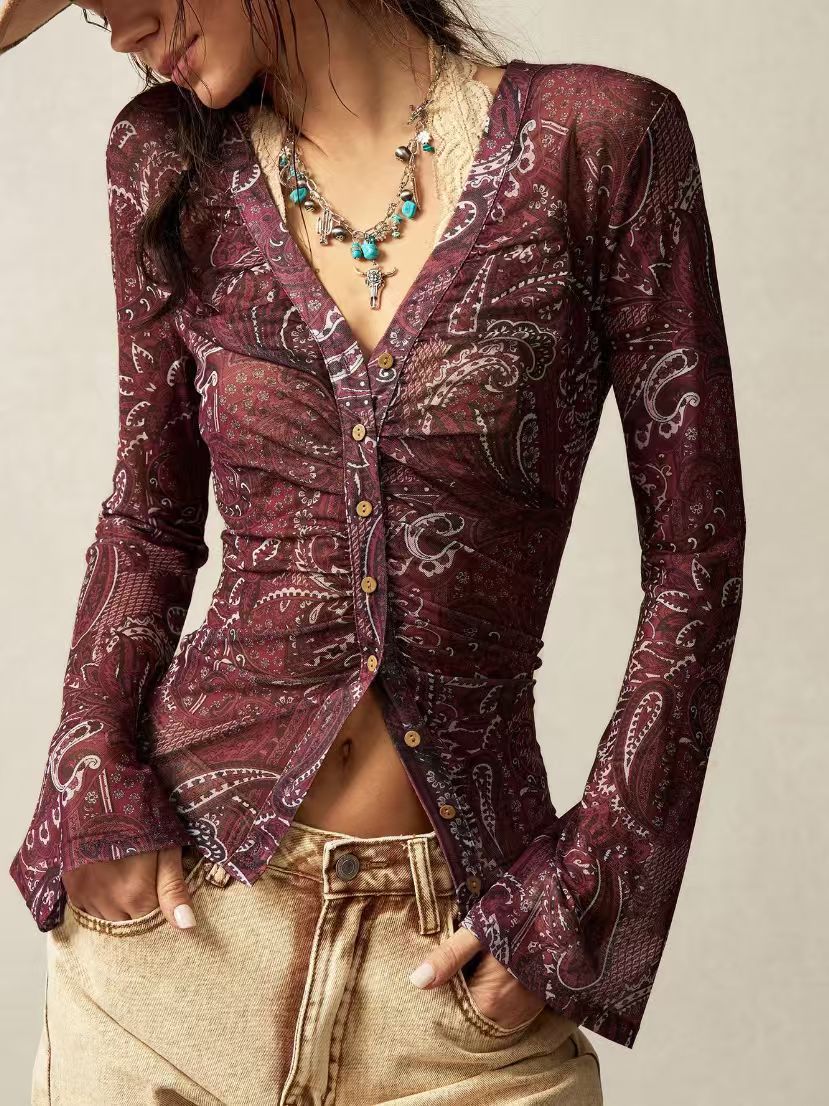Women's Summer Mesh Floral Print Shirt Slim Fit Slimming Retro Temperament Blouse