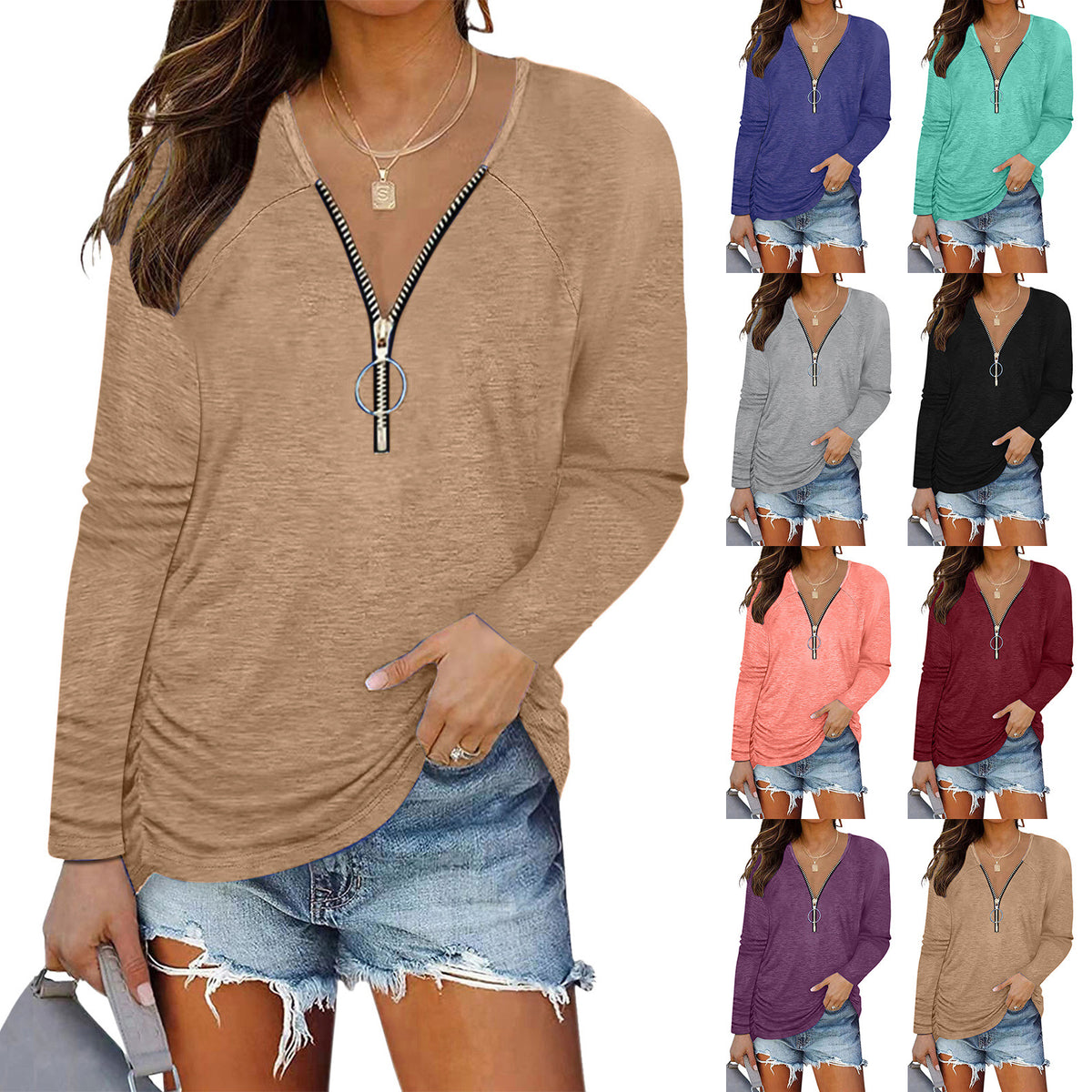 Women's Chest Zipper Pleating Casual Long Sleeve Clothing