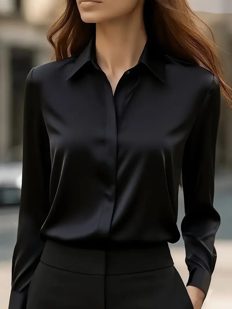 Women's Shirt Satin Lapel Long Sleeve Autumn Solid Blouse