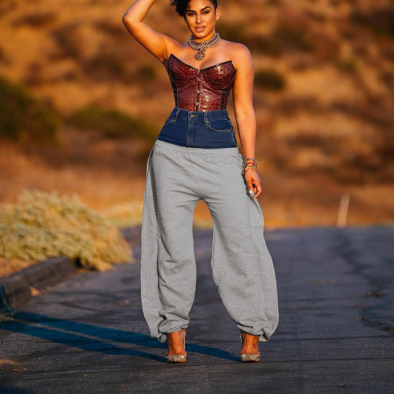 Stylish Women's Denim Knitted Stitching Long Casual Pants