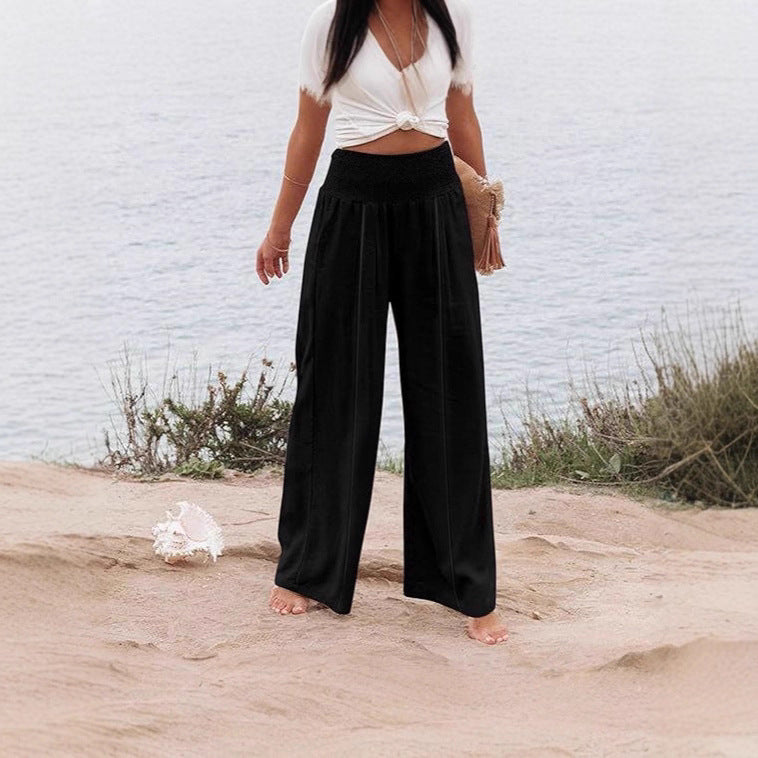 Women's Solid Color Elastic Waist Wide Leg Trousers Casual Pants