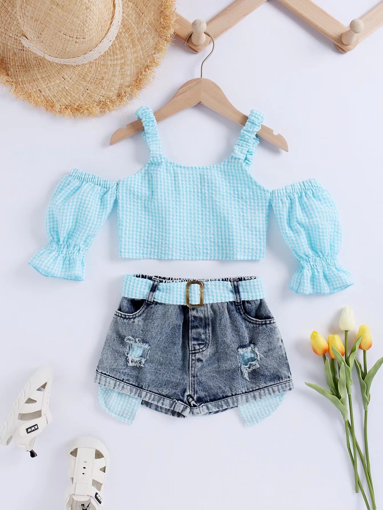 Summer Strap Puff Sleeve Sweet Two-piece Children's Suit