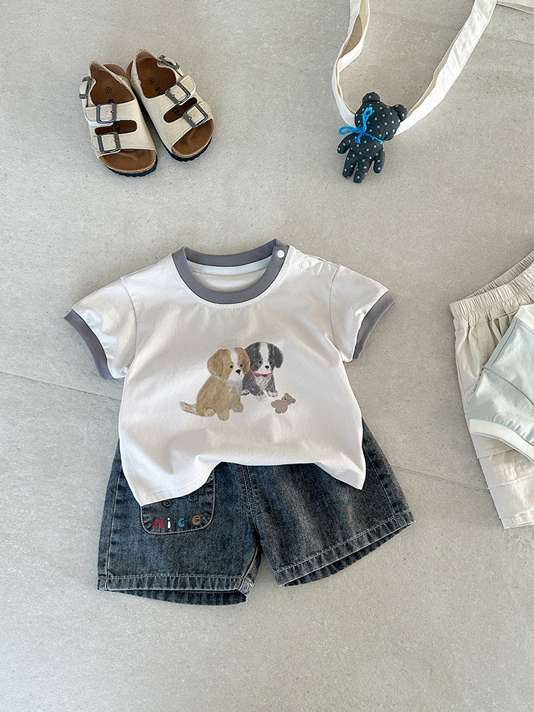 Summer Contrast Color Neckline Cartoon Print Short Sleeve Infant Versatile Children's T-shirt