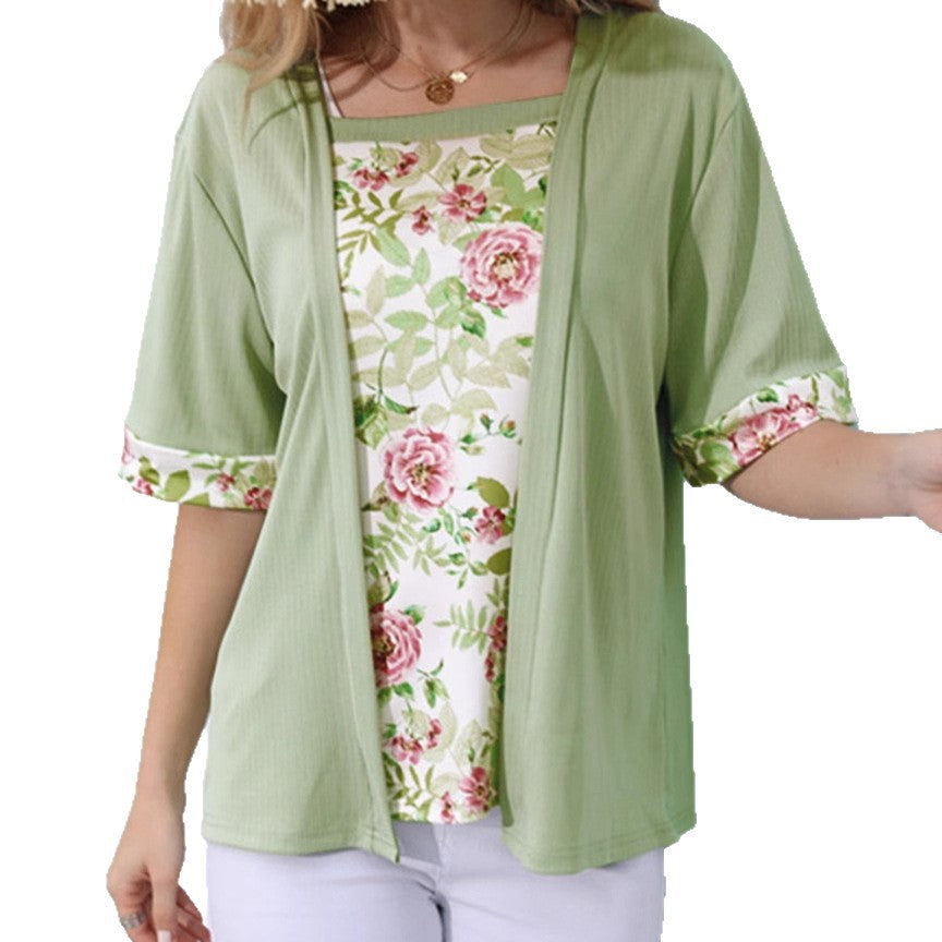 Women's Solid Color Printing Stitching Faux Two-piece Plus Size