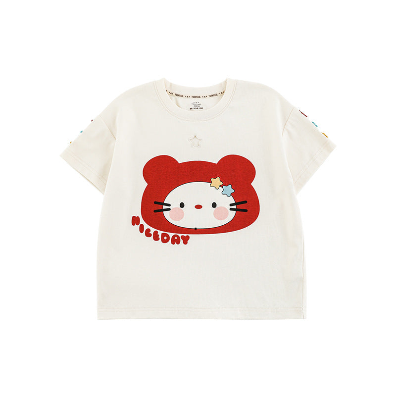Summer Cat Printing Affixed Cloth Embroidered Standard Children's T-shirt