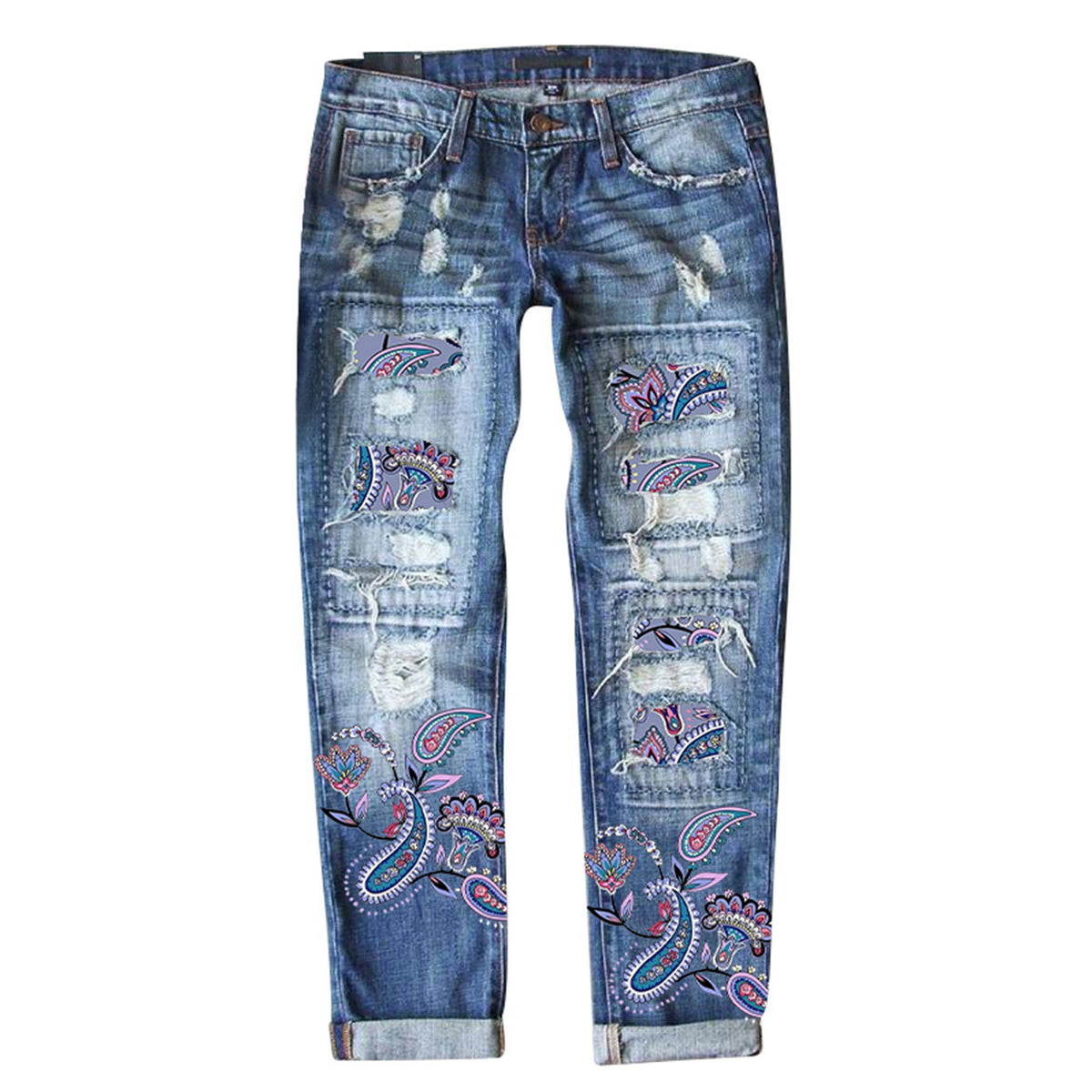Women's Fashion Holes Printed Patch Washed Straight Jeans