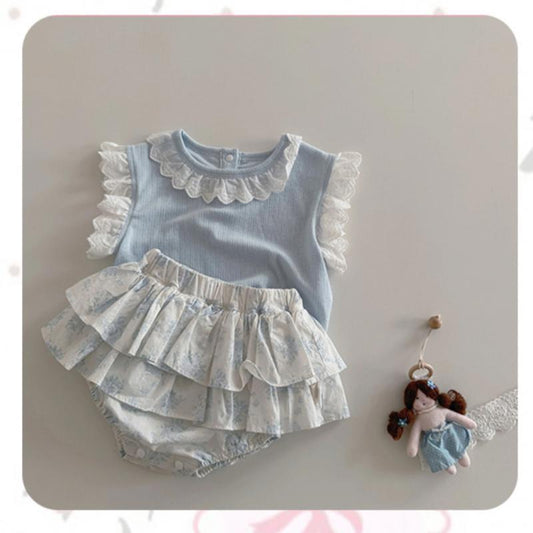 Short Sleeves Floral Bloomer With Skirt Korean Cute Children's Suit