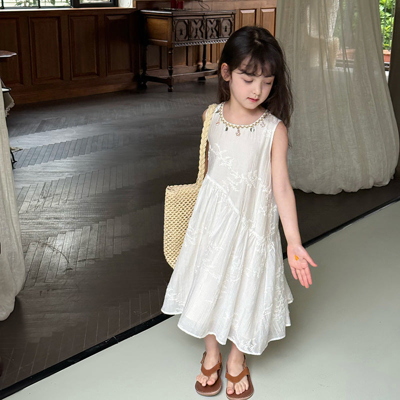 Children's Western Style Vacation White Summer Mid-length Children's Dress