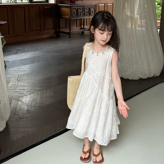 Children's Western Style Vacation White Summer Mid-length Children's Dress