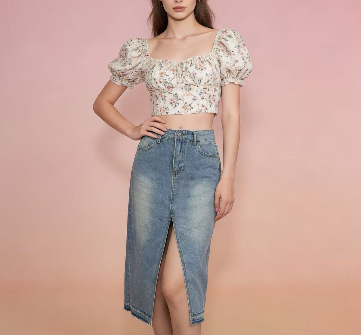 Women's Denim Split Sheath A- Line Slimming Skirt