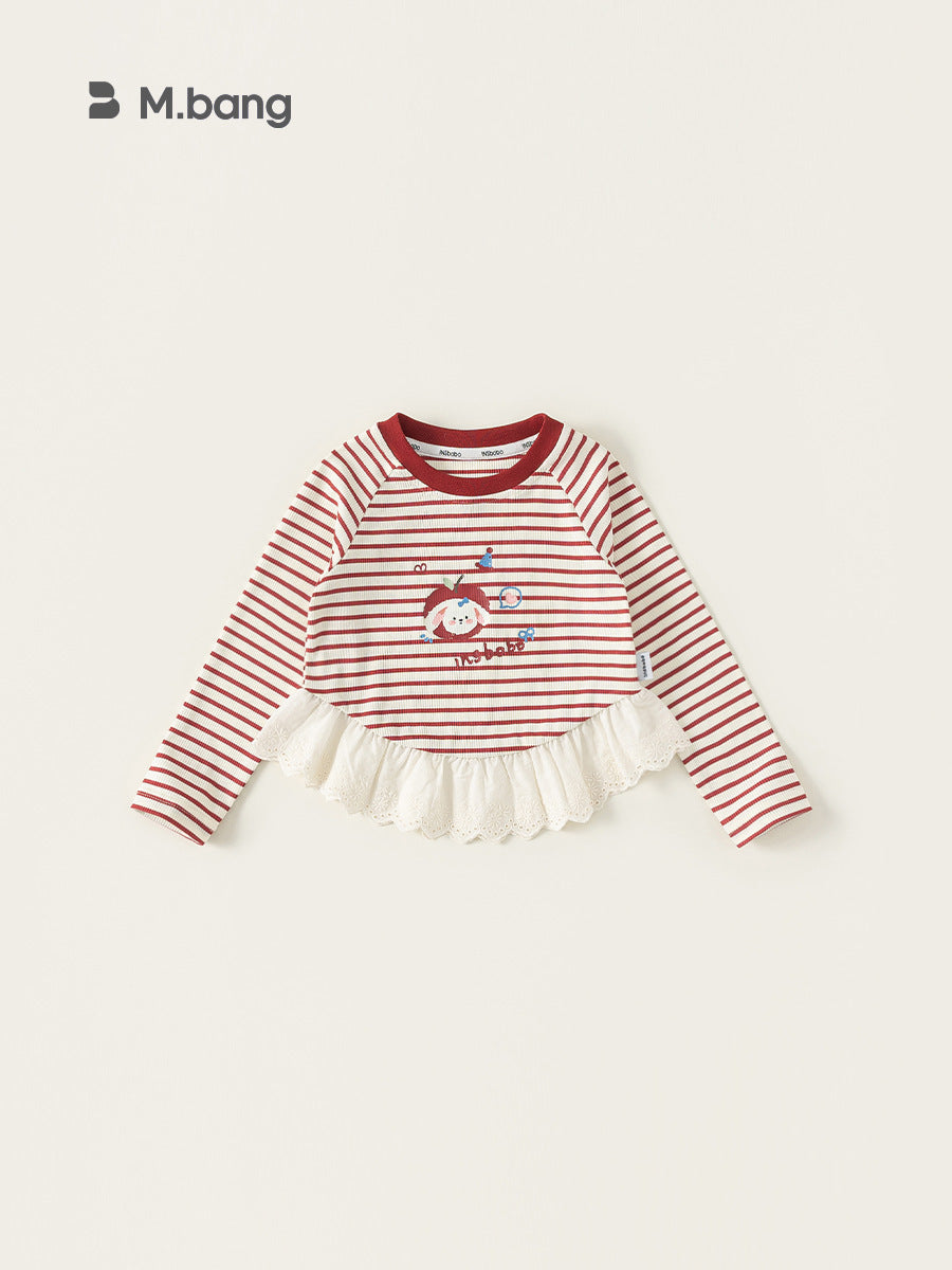 Children's Long Sleeve Cute Cartoon Lace Patchwork Top Korean Style Bottoming Children's T-shirt