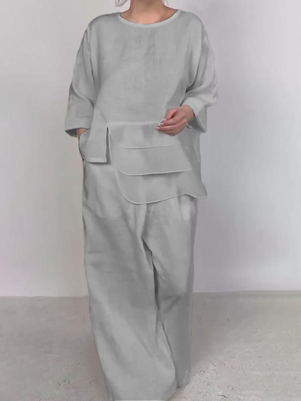 Neck Satin Layered Design Wide Leg Blouses
