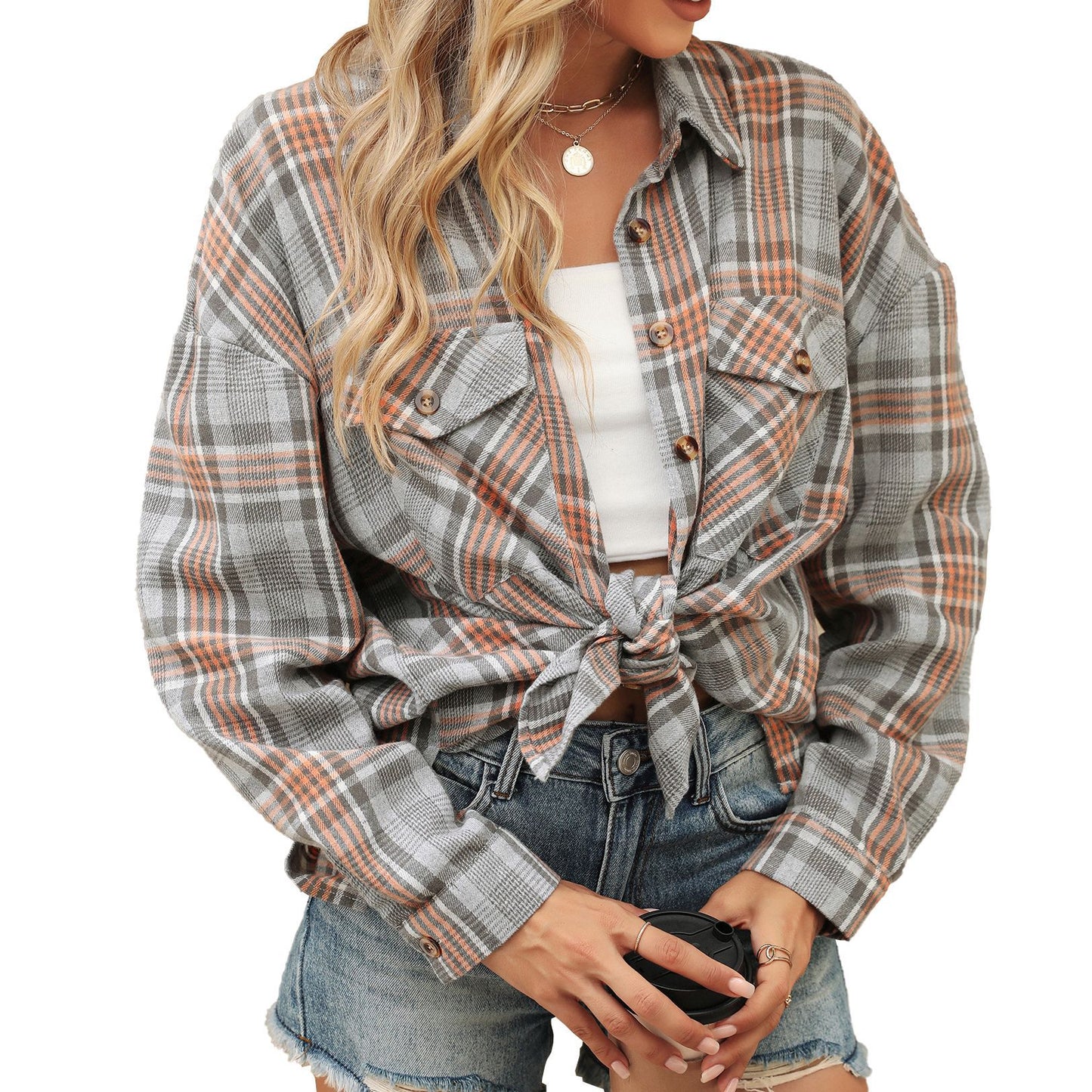 Women's Pocket Loose Long Sleeve Plaid Shirt Blouse