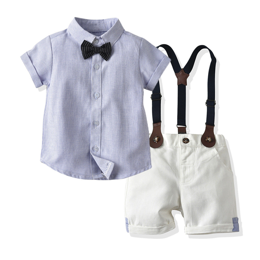 Children's Summer Short-sleeved Striped Shirt Suspender Shorts Boy's Birthday Children's Suit