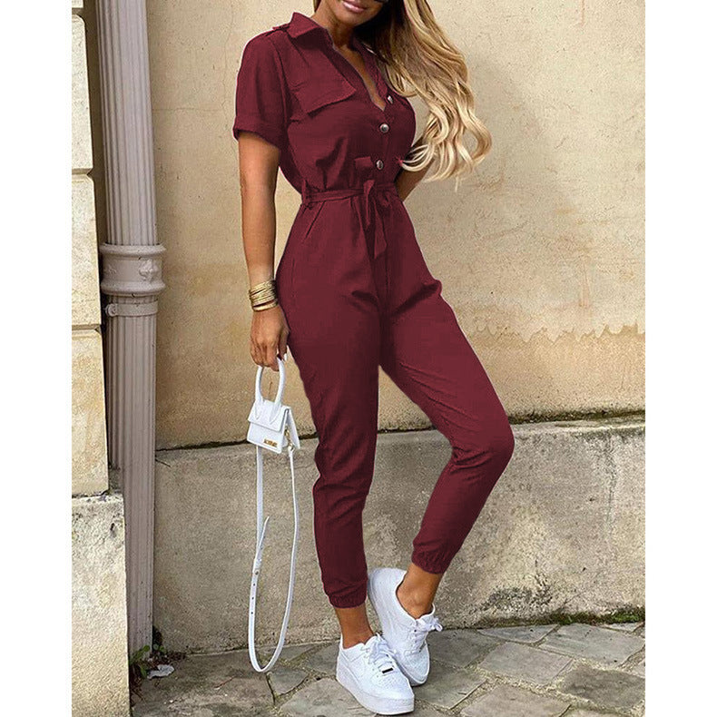 Women's Summer Trousers Lapel Button Printed Belt Casual Pants