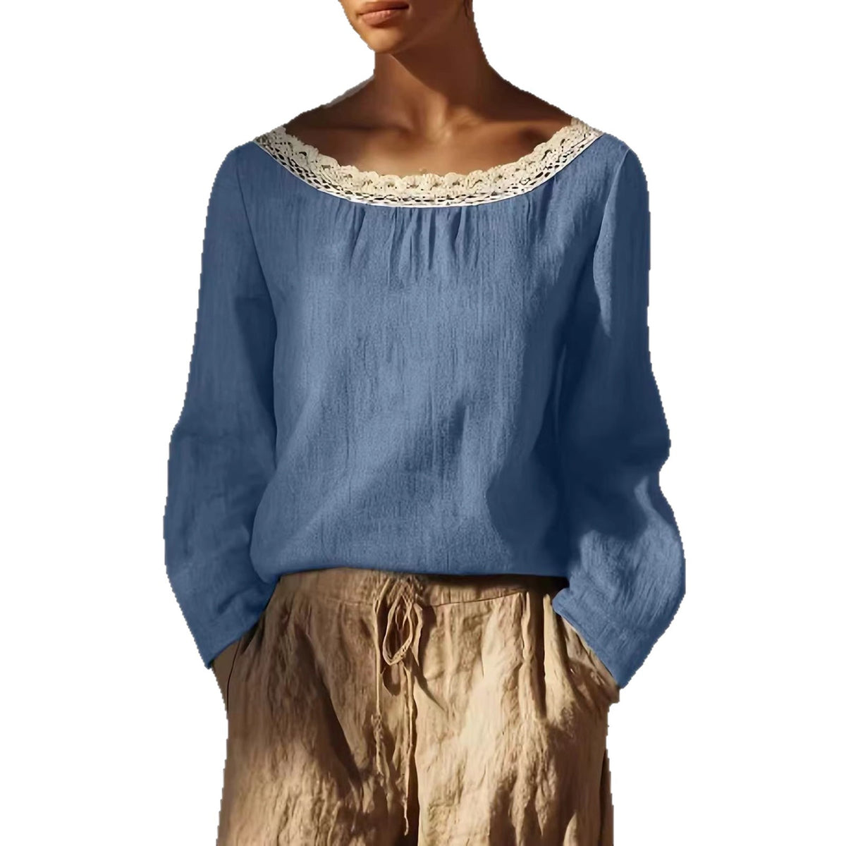 Women's Round Neck Lace Stitching Long Linen Sleeves Chinese Elegant Inner Women's T-shirt
