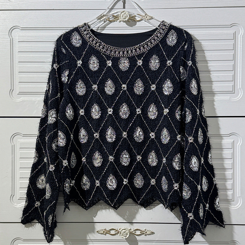 Women's Beaded Sequins Elegant Serrated Edge Rhombus Round Neck Long Sleeve Tops