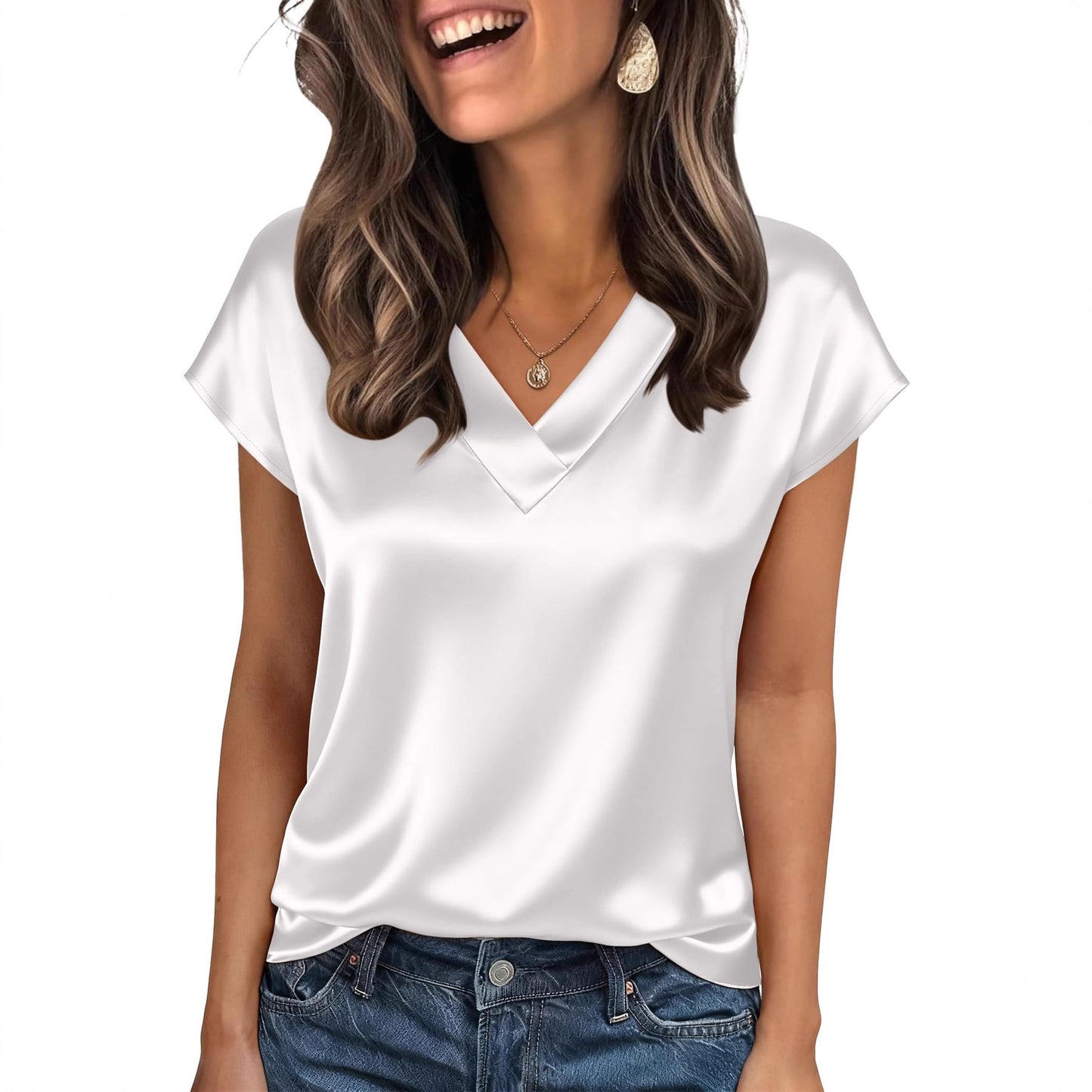Women's Solid Color Fashionable Satin Short-sleeved Blouse