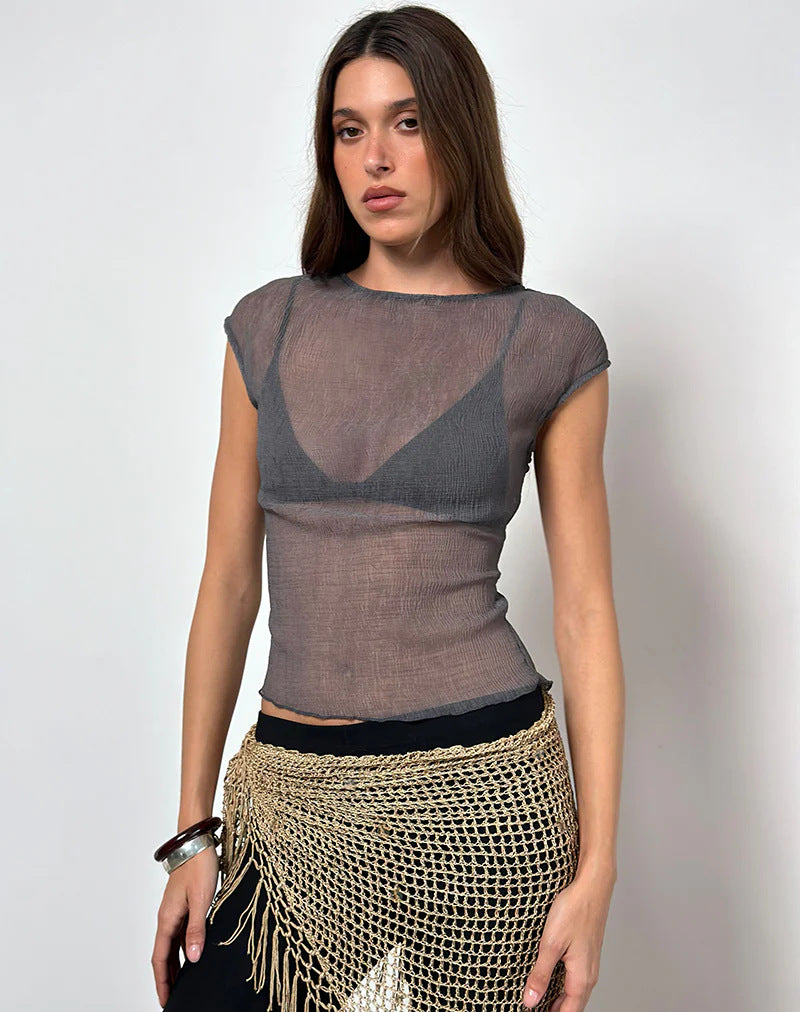Women's Solid Color Splicing Pullover French Square Lace Shirt, Chiffon Shirt