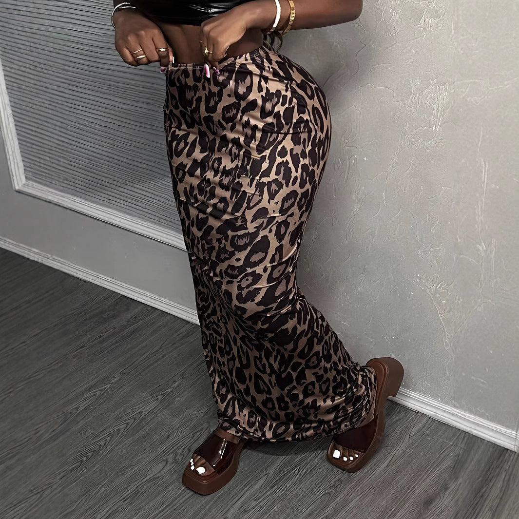 Women's Vacation Leopard Print Elastic Knitted Fishtail Slim Fit Waist Sheath Skirt