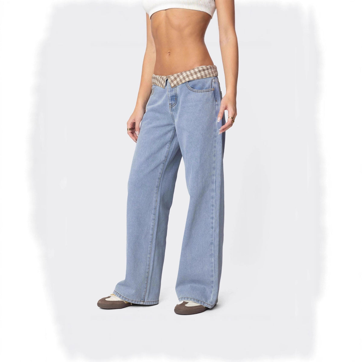 Women's Checked Cloth Color Loose Casual Denim Trousers Pants