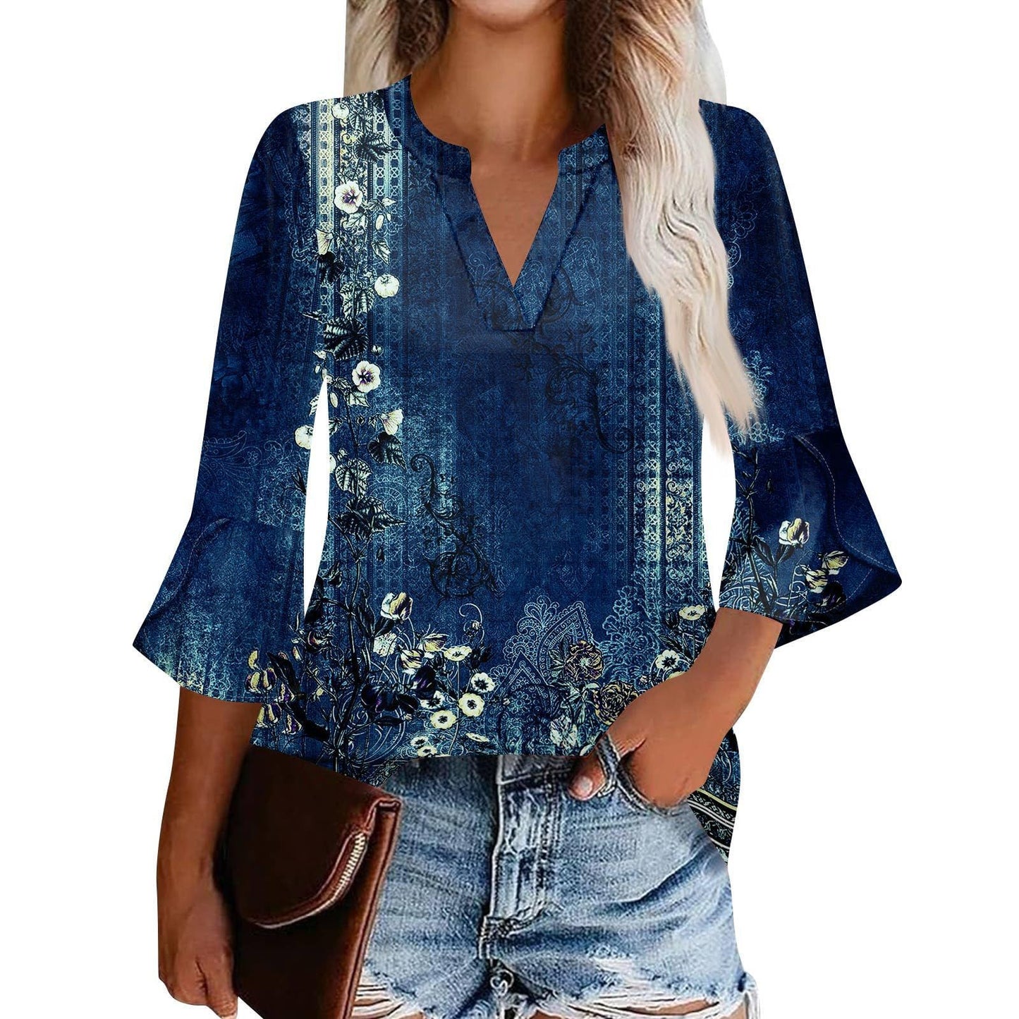 Women's Shirt Petal Sleeve Fashion Printed Loose Blouse